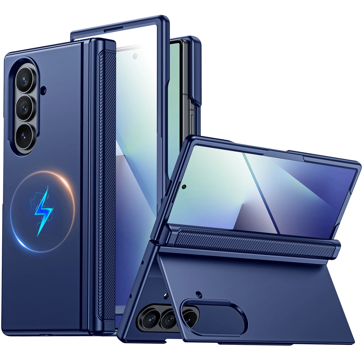 Magnetic Case for Samsung Galaxy Z Fold 7 with Hidden Kickstand, Built-in 9H Glass Screen Protector & Hinge Protection-Blue