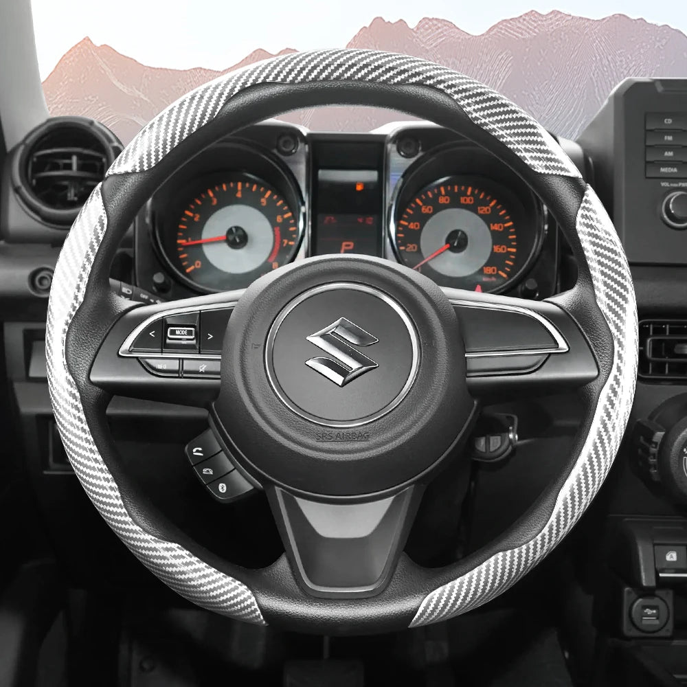 Suitable for Suzuki Sporty Glossy Carbon Fiber Texture Steering Wheel Cover Snap-On Protective Shell Wagon R Swift Ertiga Brezza Baleno Fronx Dzire Spacia Alto Eeco Hustler Grand Vitara S-Cross Ignis Accessories