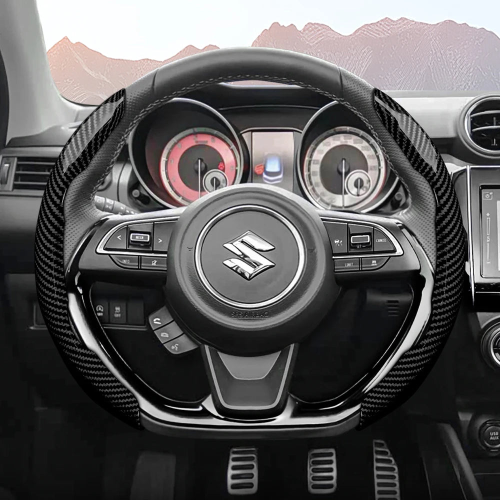 Suitable for Suzuki Sporty Glossy Carbon Fiber Texture Steering Wheel Cover Snap-On Protective Shell Wagon R Swift Ertiga Brezza Baleno Fronx Dzire Spacia Alto Eeco Hustler Grand Vitara S-Cross Ignis Accessories
