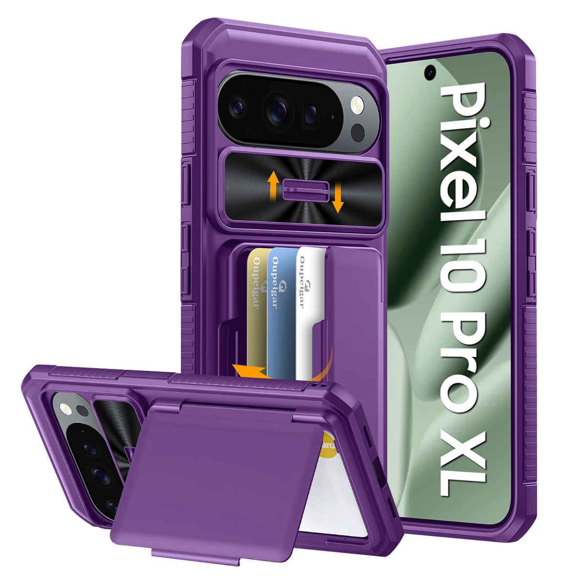 for Google Pixel 10 Pro XL Case,Cards Holder,Camera Cover,Full Body Rugged Shockproof Silicone Protective Phone Case-Titanium
