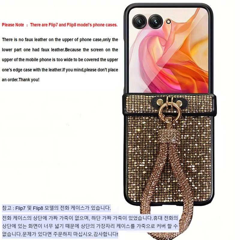 Luxury Faux Diamond Lanyard Phone Case For Samsung Galaxy Z Flip 8 6 5 4 3 Flip7 FE Shiny Bracelet Grid Shockproof Hard Cover