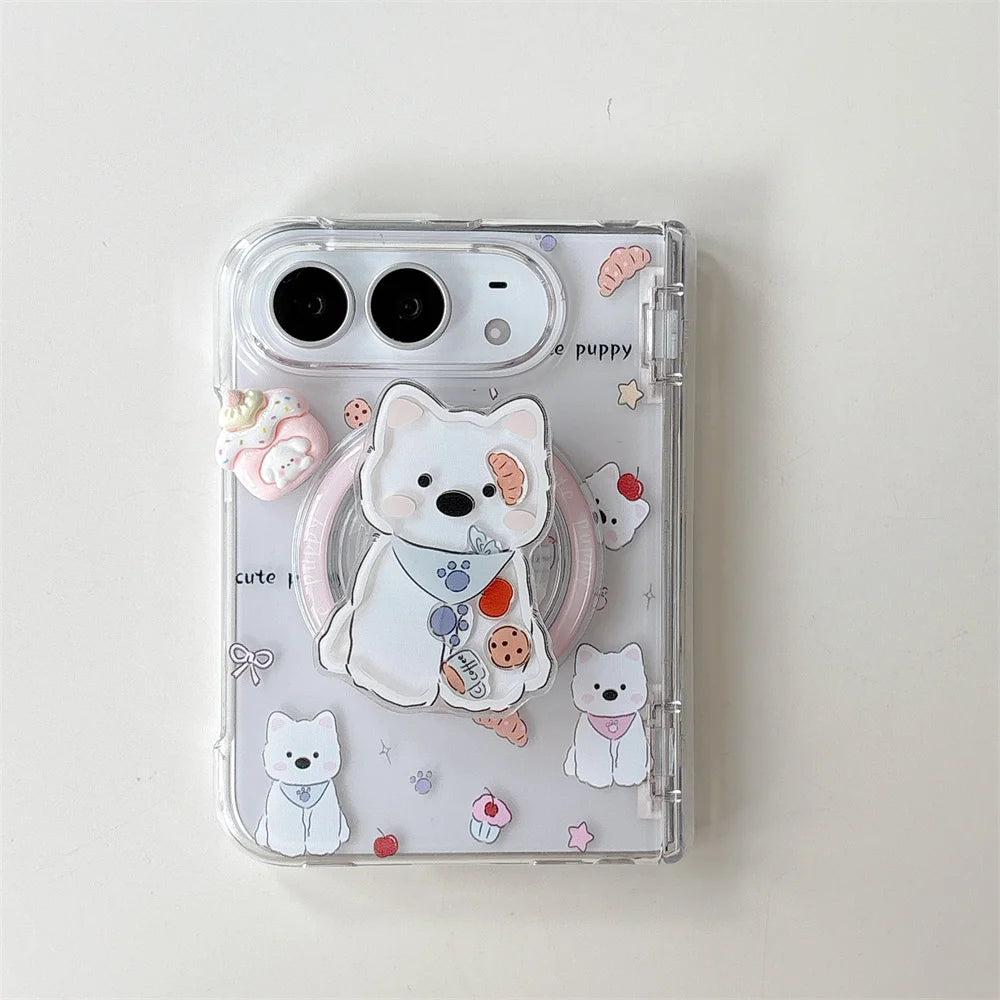 Korean Cute Puppy Magnetic Phone Case For iPhone Duo Cover With Magsafe Stand Anti‑Fall Protective Cases For Iphone Duo Cases