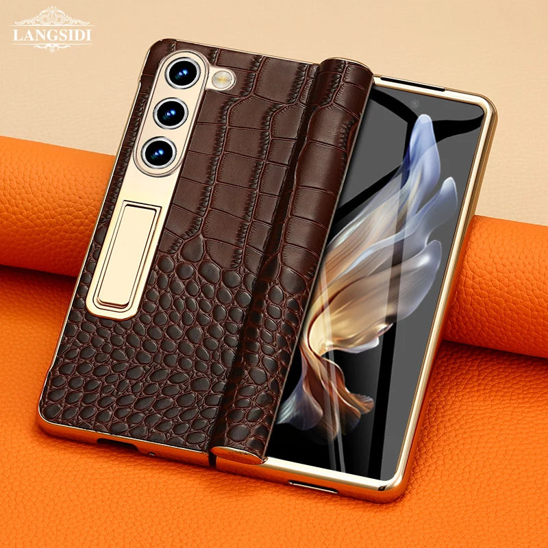 Leather Flip Case for Samsung Galaxy Z Fold 7 6 5 4 3 8 Fold8 ULtra Fold7 Plating Magnetic Hinge Stand Cover with Mirror Film