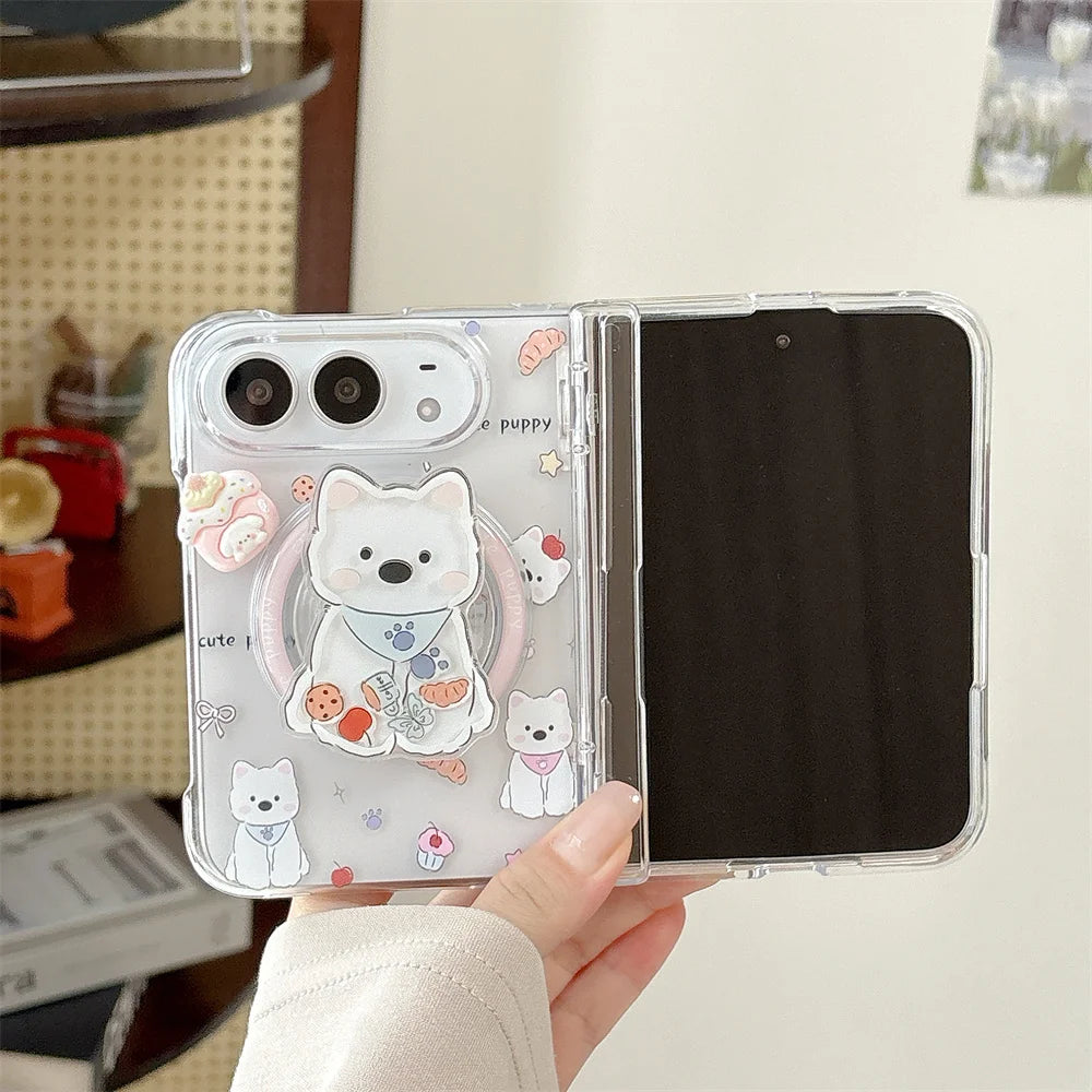 Korean Cute Puppy Magnetic Phone Case For iPhone Duo Cover With Magsafe Stand Anti‑Fall Protective Cases For Iphone Duo Cases