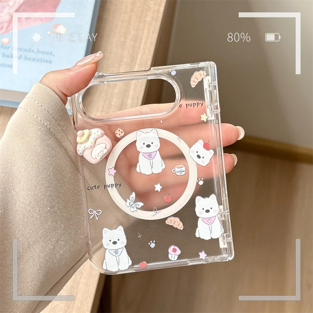 Korean Cute Puppy Magnetic Phone Case For iPhone Duo Cover With Magsafe Stand Anti‑Fall Protective Cases For Iphone Duo Cases