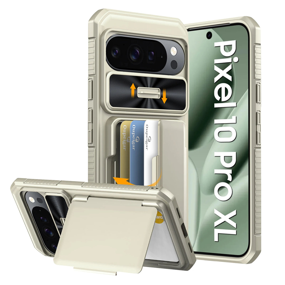 for Google Pixel 10 Pro XL Case,Cards Holder,Camera Cover,Full Body Rugged Shockproof Silicone Protective Phone Case-Titanium
