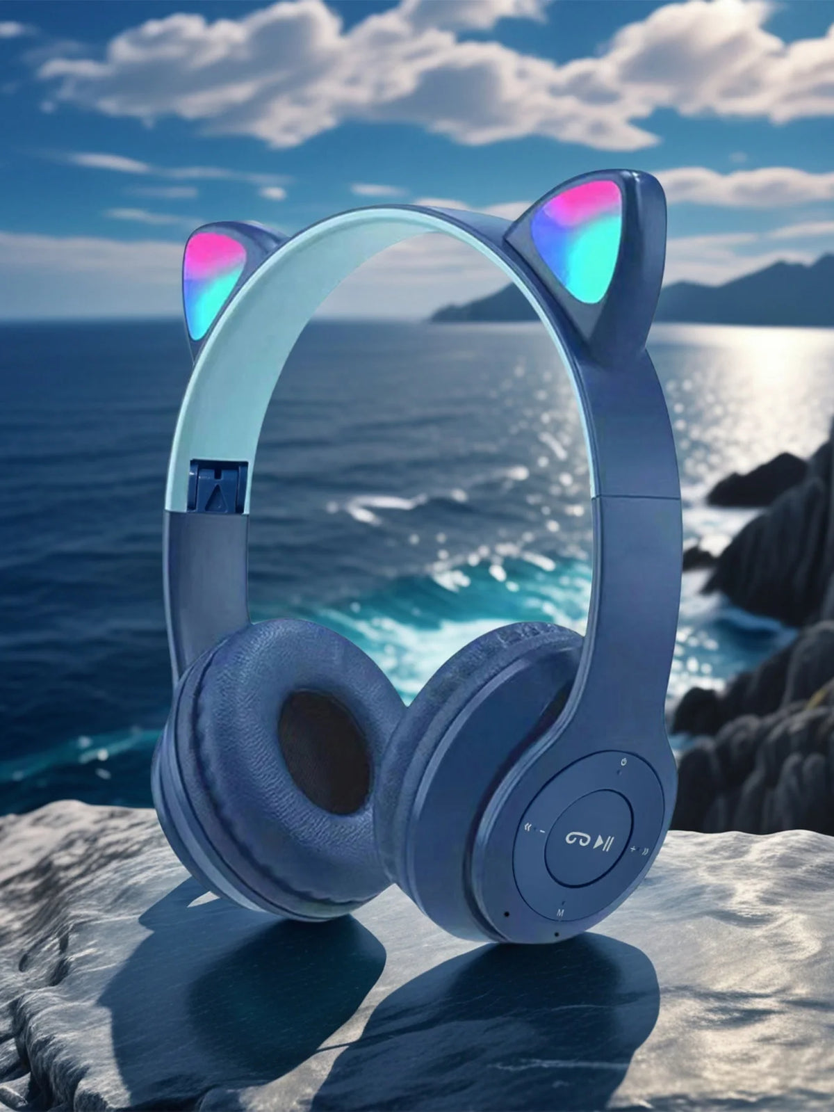 Foldable Glowing Cat Ear Over Ear Headphones, Fashion RGB Light Stereo Headset for Gaming, Music, Sports & Office