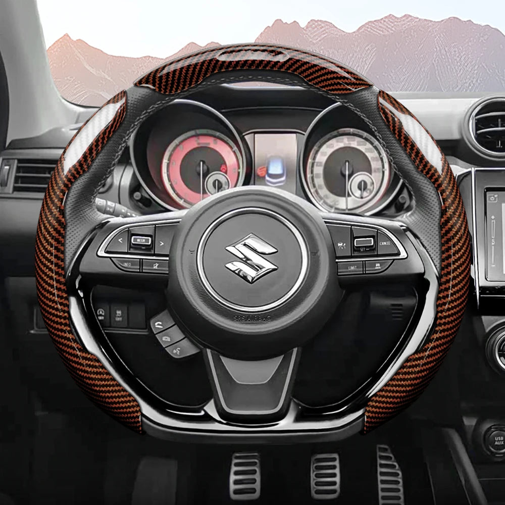 Suitable for Suzuki Sporty Glossy Carbon Fiber Texture Steering Wheel Cover Snap-On Protective Shell Wagon R Swift Ertiga Brezza Baleno Fronx Dzire Spacia Alto Eeco Hustler Grand Vitara S-Cross Ignis Accessories