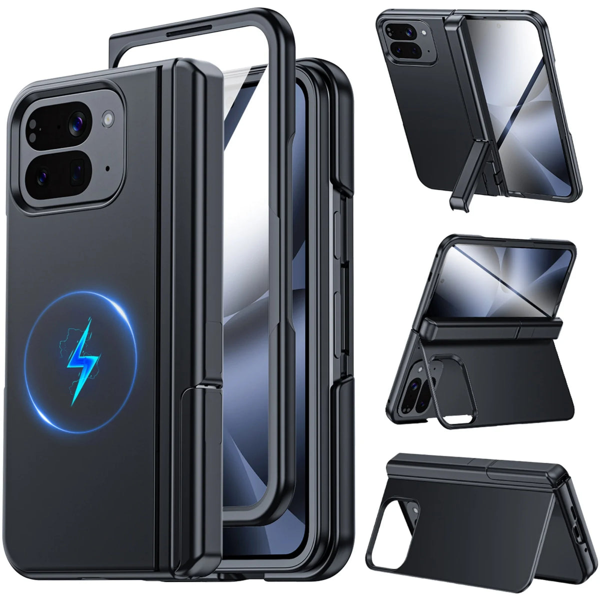 Magnetic Case for Google Pixel 10 Pro Fold with Hidden Kickstand,Built-in 9H Glass Screen Protector & Hinge Protection-Black