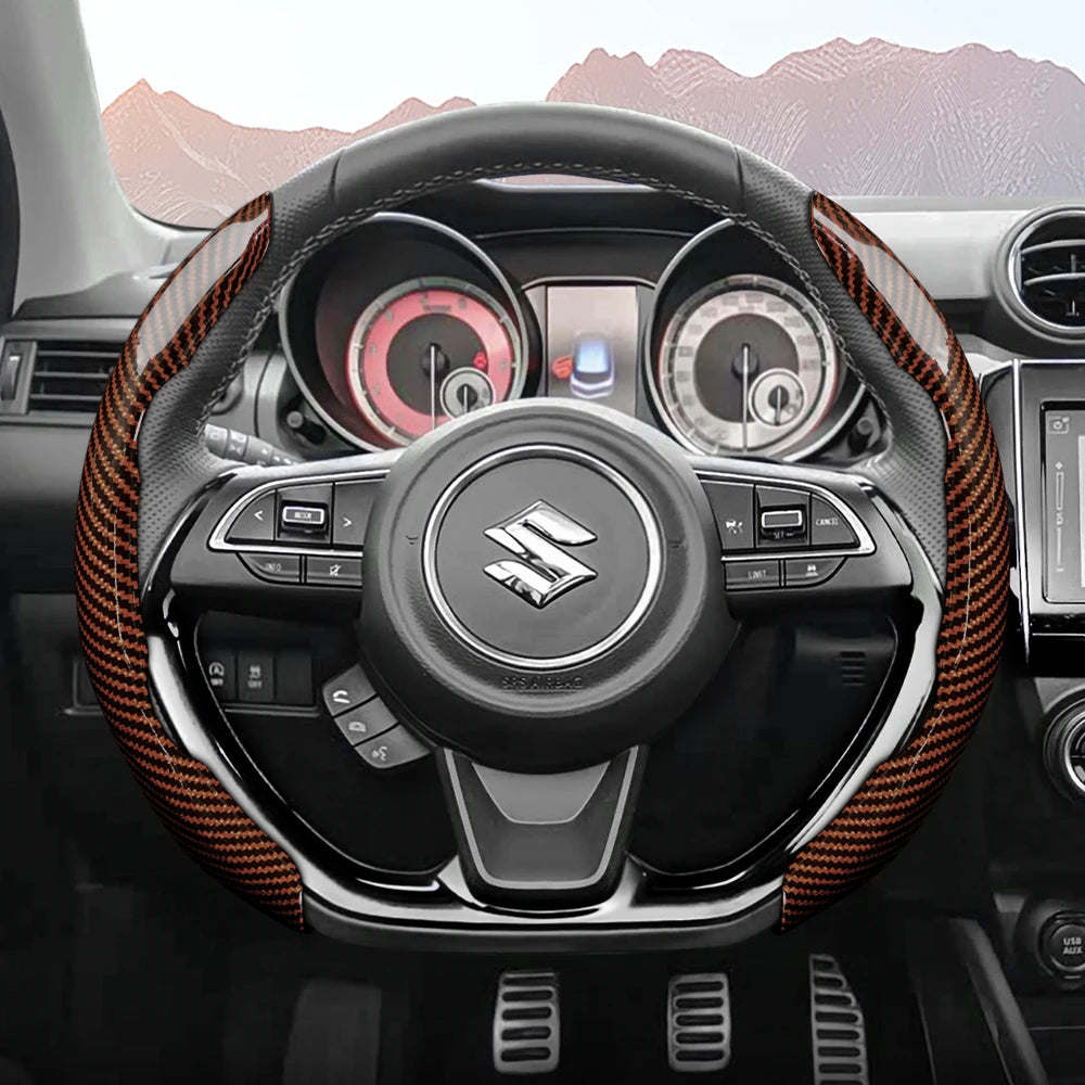 Suitable for Suzuki Sporty Glossy Carbon Fiber Texture Steering Wheel Cover Snap-On Protective Shell Wagon R Swift Ertiga Brezza Baleno Fronx Dzire Spacia Alto Eeco Hustler Grand Vitara S-Cross Ignis Accessories