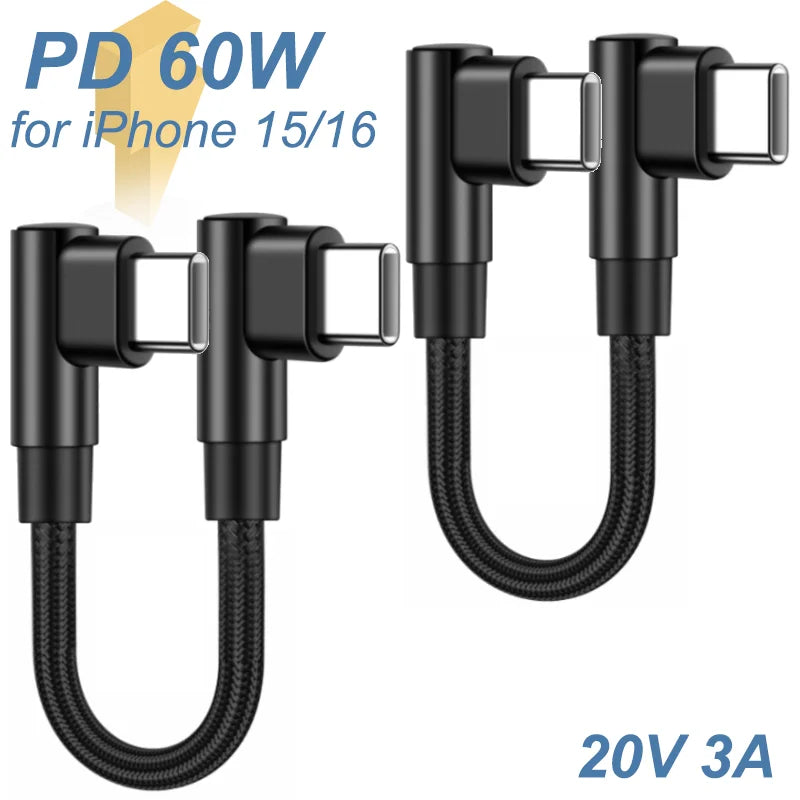 60W USB C To Type C PD Fast Charger Cable 90 Degree Angle Charging Cord Wire for iPhone 15 16 Pro Max Xiaomi Huawei Macbook iPad