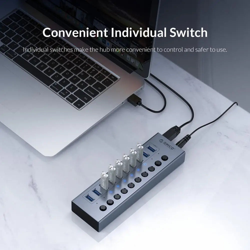 ORICO USB 3.0 HUB 7/10 -Port Aluminum USB Splitter On/Off Switch 12V Power Adapter Support Charging for Computer USB Docking