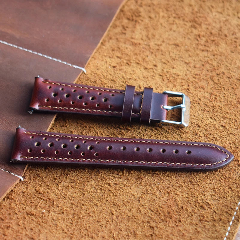 Genuine Leather Watchstrap Brown Porous Breathable Watch Band 18mm 20mm 22mm 24mm Handmade Stitching for Watch Wist Bracelets