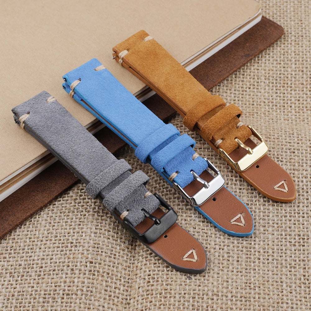 Suede Leather Watch Strap 18mm 19mm 20mm 21mm 22mm 24mm Grey Vintage Band Replacement Wristband Handmade Stitching Watchband