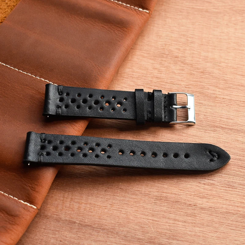 Genuine Leather Watchstrap Brown Porous Breathable Watch Band 18mm 20mm 22mm 24mm Handmade Stitching for Watch Wist Bracelets