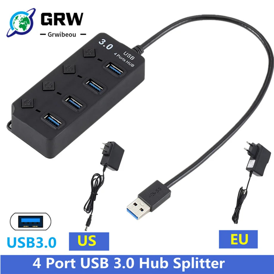 USB 3.0 Hub USB Hub 3.0 Multi USB Splitter 3 Hab Use Power Adapter 4 Port Multiple Expander 3.0 2.0 USB Hub with Switch for PC