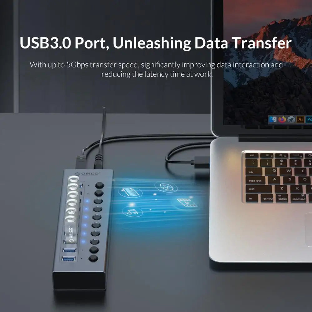 ORICO USB 3.0 HUB 7/10 -Port Aluminum USB Splitter On/Off Switch 12V Power Adapter Support Charging for Computer USB Docking