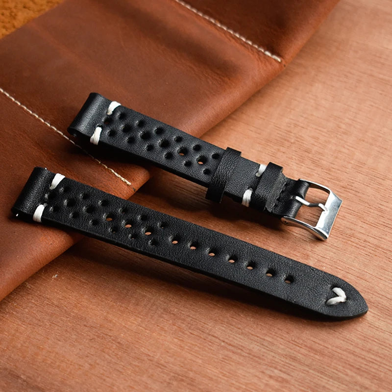 Genuine Leather Watchstrap Brown Porous Breathable Watch Band 18mm 20mm 22mm 24mm Handmade Stitching for Watch Wist Bracelets