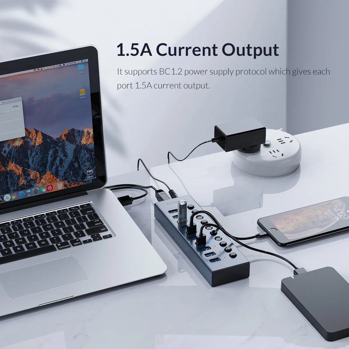 ORICO USB 3.0 HUB 7/10 -Port Aluminum USB Splitter On/Off Switch 12V Power Adapter Support Charging for Computer USB Docking
