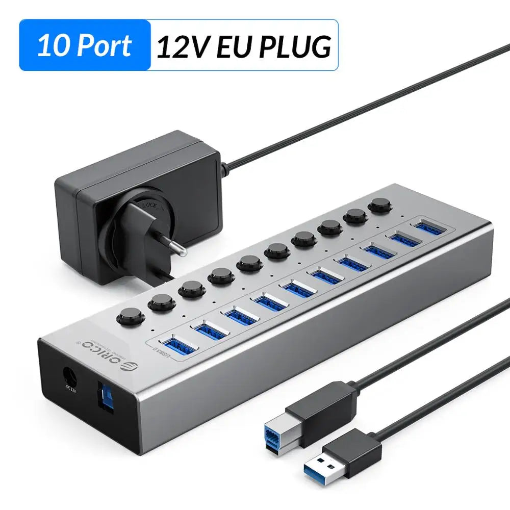 ORICO USB 3.0 HUB 7/10 -Port Aluminum USB Splitter On/Off Switch 12V Power Adapter Support Charging for Computer USB Docking