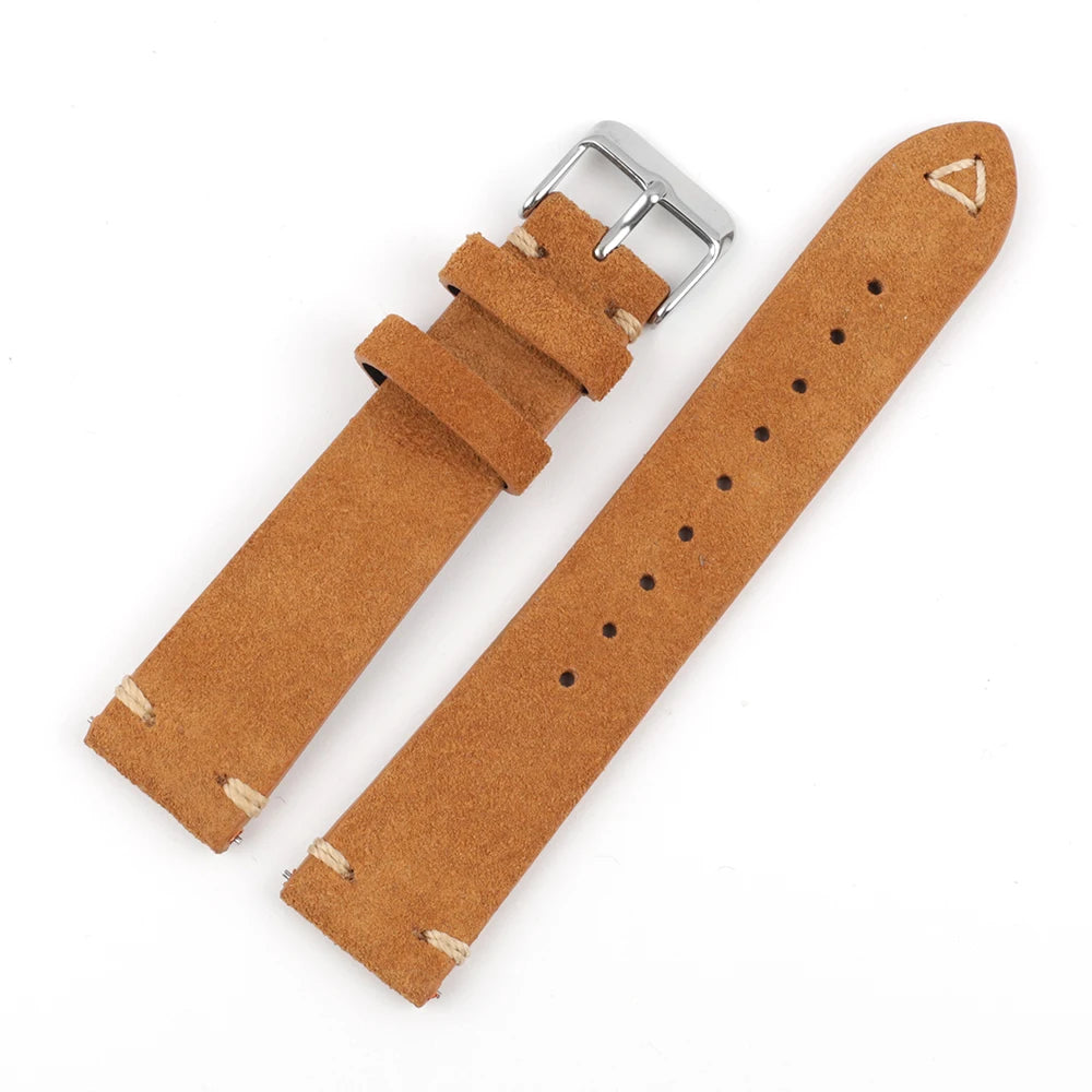 Suede Leather Watch Strap 18mm 19mm 20mm 21mm 22mm 24mm Grey Vintage Band Replacement Wristband Handmade Stitching Watchband