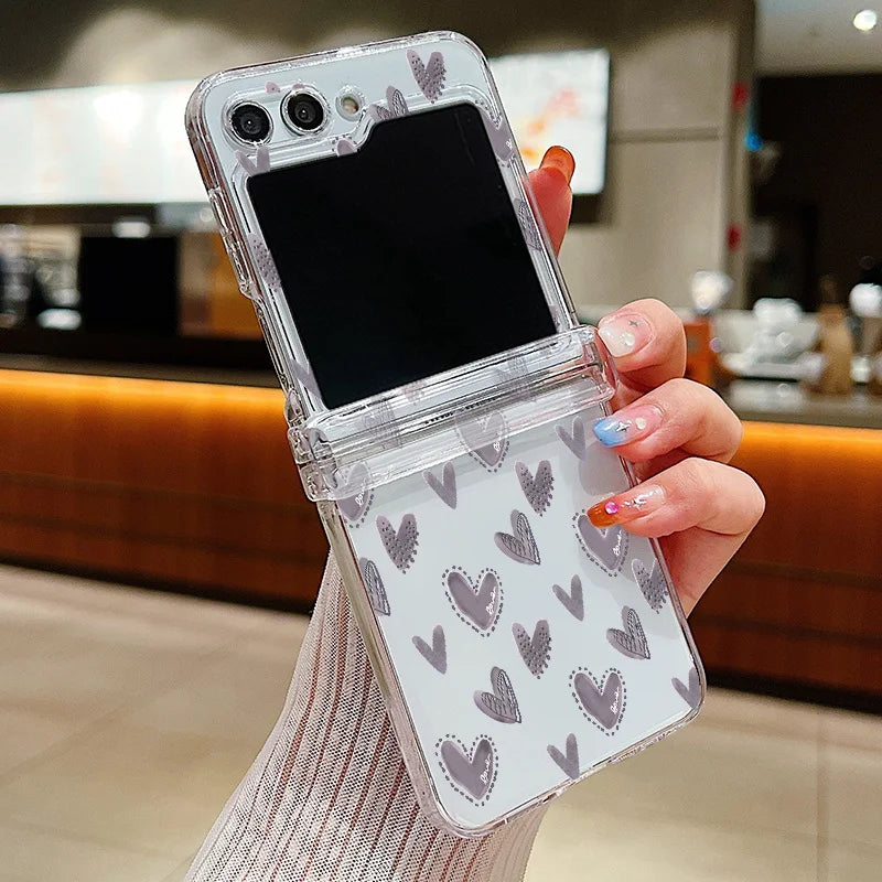 Transparent Love Flower Phone Case For Samsung Galaxy Z Flip8 Flip7 FE Flip 8 7 6 5 4 3 5G Flip5 Flip6 Shockproof Hard PC Cover