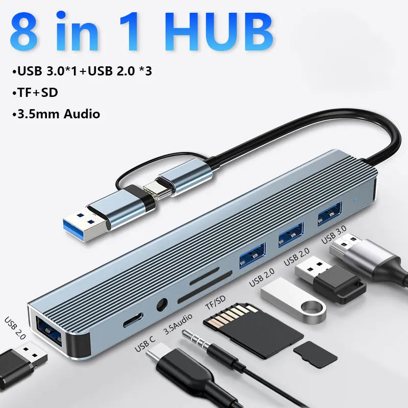 8-in-1 USB A & USB C Hub, USB 3.0 5Gbps, 3× USB 2.0, SD TF Card Reader, 3.5mm Audio, Multiport Adapter