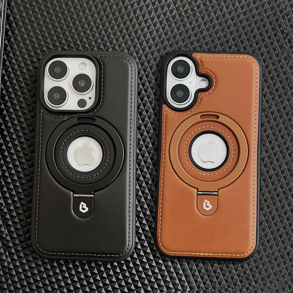Luxury Leather Magnetic Ring Holder Case For iPhone 16 Pro Max 15 14 Plus 13 12 For Magsafe Hollow Logo Bracket Business Cover