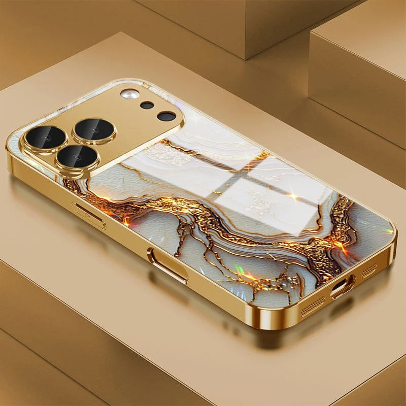 Gilded White Patterned Marble Tempered Glass Phone Case For iPhone 17 Pro Max 14 15 16 Plus 13 12 11 Pro Max 16E 17 Air Cover