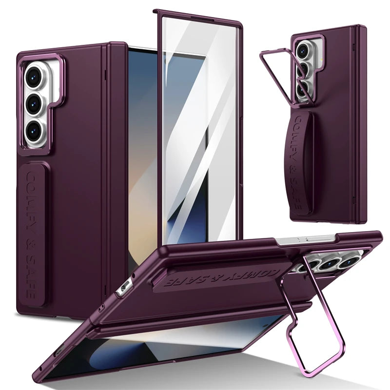 For Samsung Galaxy Z Fold 7 6 5 4 3 Wristband Hinge Lens Holder Phone Case Outer Screen Glass Film Protection Shockproof Cover