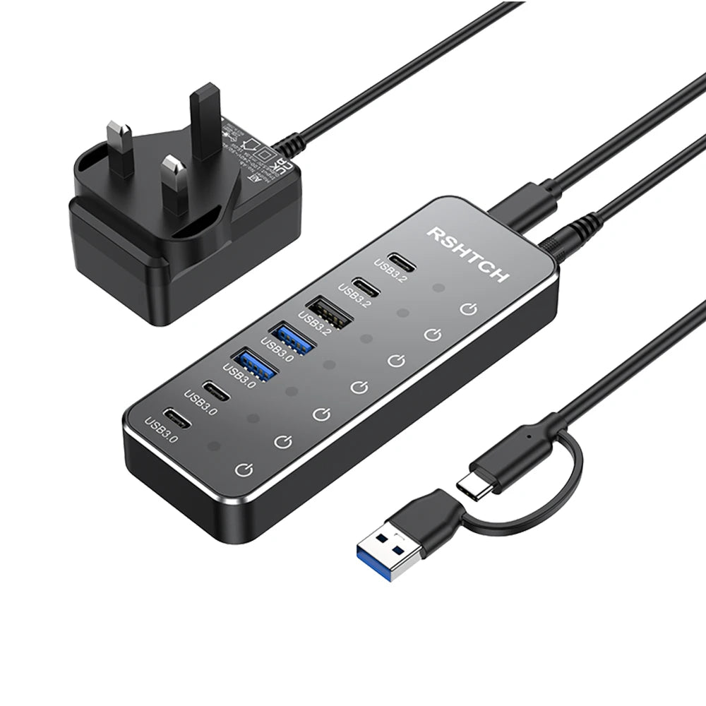 RSHTECH 7-IN-1 USB Hub 10Gbps Data Transfer Individual Touch Switches USB-C Extension Splitter for Laptops Computer Accessories