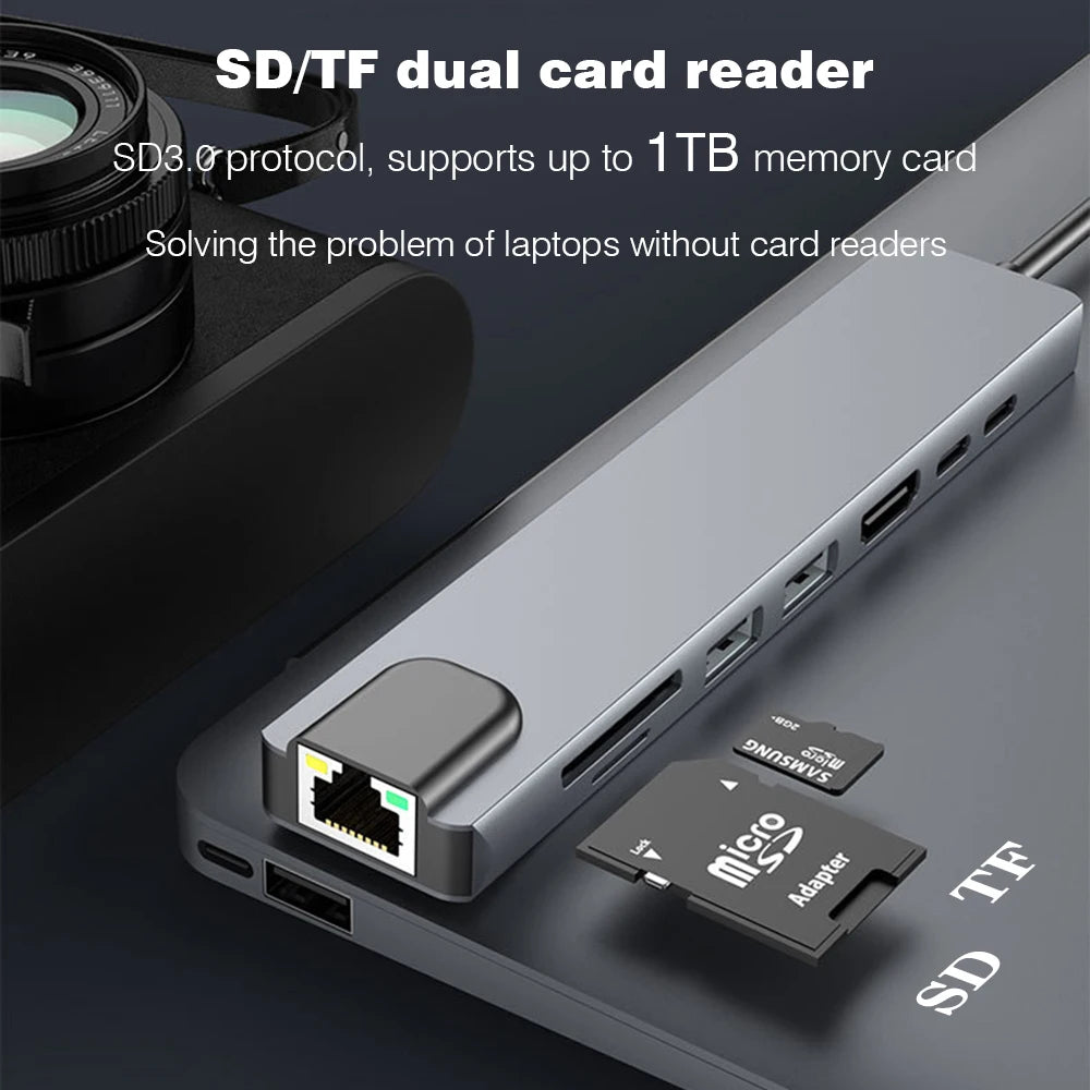 RJ45 100M/1000Mbps Ethernet to USB C Adapter Docking Station USB Type C to HDMI HUB 4K 30HZ Headphone PD 100W USB3 Extencion