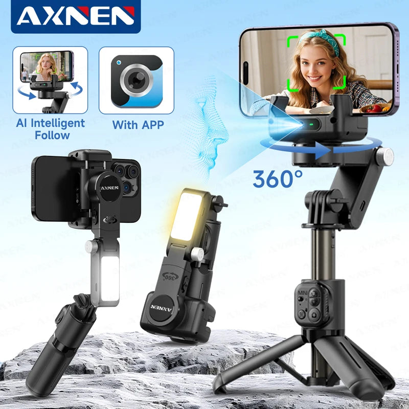 Gimbal Q19 AI Desktop 360° Auto Rotation Face Track Anti-Shake Selfie Stick Handheld Stabilizer with Fill Light for Smartphones