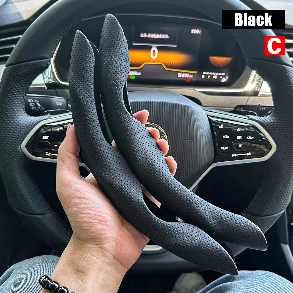 2PCS Universal Round Car Steering Wheel Cover Winter Fur Warm Carbon Fiber Leather Anti-slip Protective Case Luxury Accessories