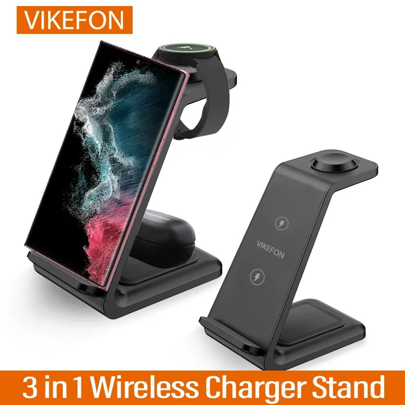 VIKEFON 3 in 1 Wireless Charger Stand for iPhone 16 15 14 13 12 Samsung Galaxy Apple Watch Airpods Pro Fast Charging Station
