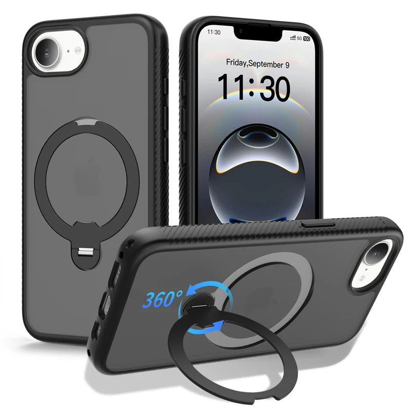 For iPhone 17E 16E Case ELVEV Magnetic Matte Hard PC+Soft TPU with Rotating Ring Bracket Protection Phone Cover