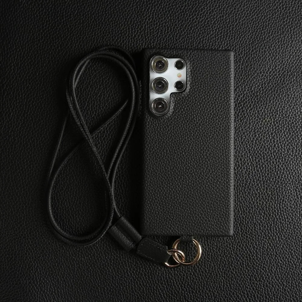 Luxury Cowhide Genuine Leather Case for Samsung Galaxy S26 Ultra S23 S22 S21 S26FE Strap Crossbody Lanyard Phone Cover Coque