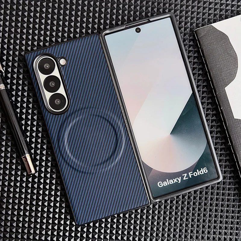 Carbon Fiber Pattern PU Leather For Magsafe Magnetic Case For Samsung Galaxy Z Fold 6 4 5 3 Fold6 Fold4 Fold5 Fold3 Back Cover