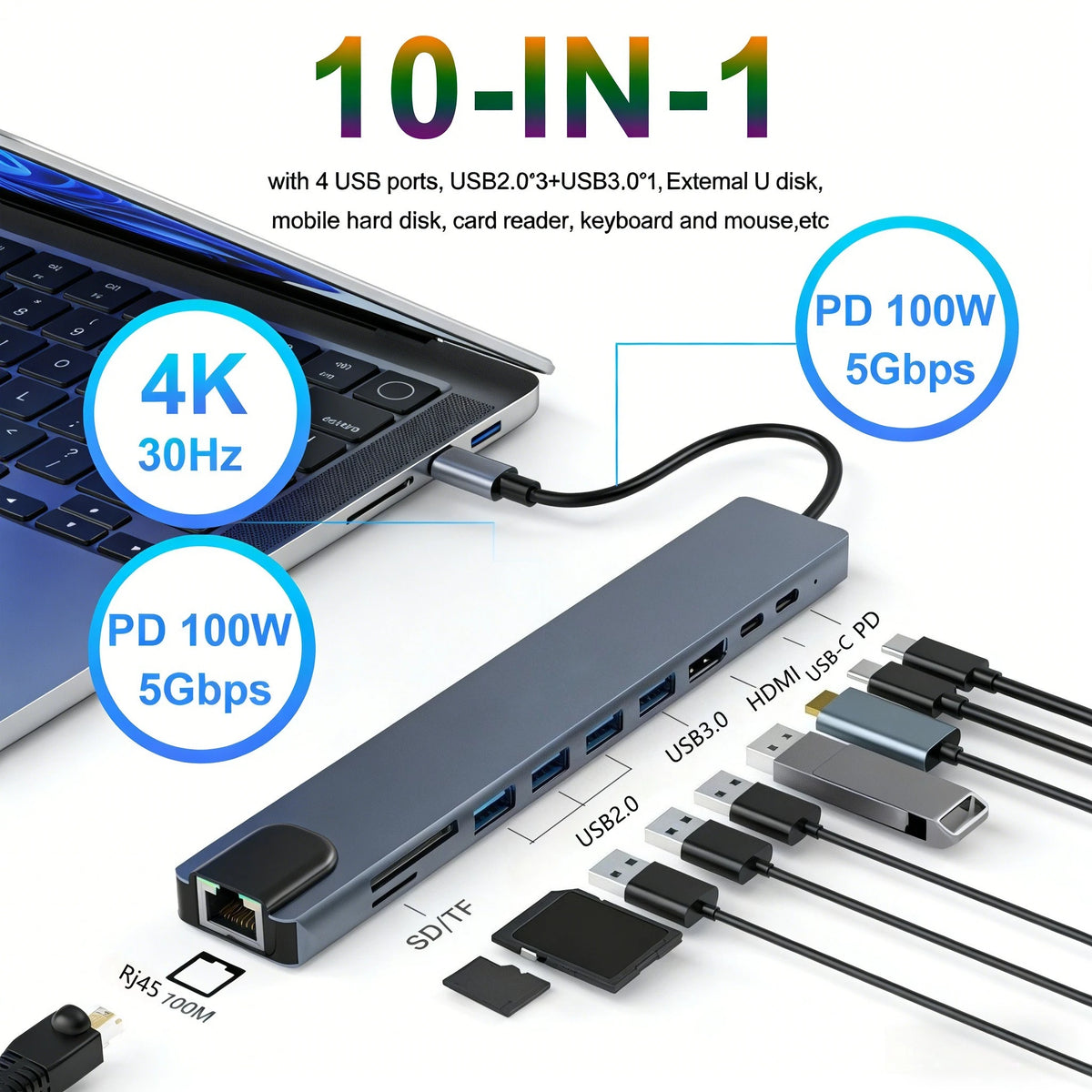 10 in 1 USB C HUB 4K30Hz Docking Station Type C to HDTV-Compatible RJ45 Ethernet PD100W for MacBook iPad Huawei Sumsang Phone