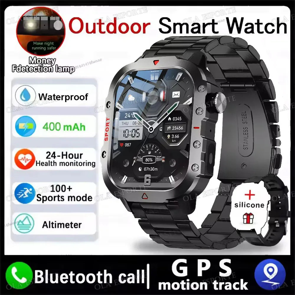 2026 New Military Smart Watch Men IP67 3ATM Outdoor Sports Fitness Tracker Blood Pressure Health Monitor BT Calls GPS Smartwatch
