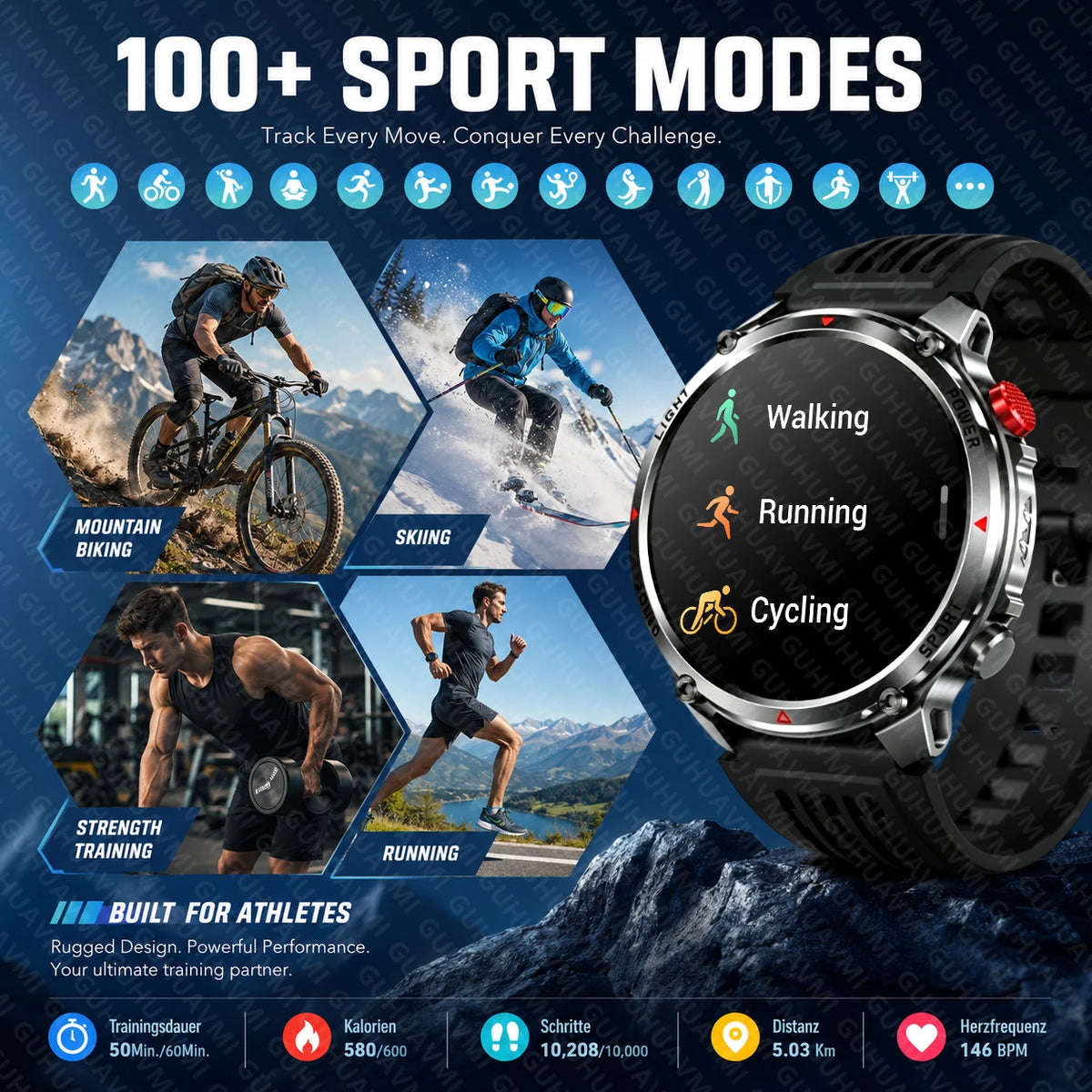 New Men Outdoor Military 1100mAh Large Battery Smart Watch Compass GPS Track IP68 Waterproof LED Flashlight BT Call Smartwatch