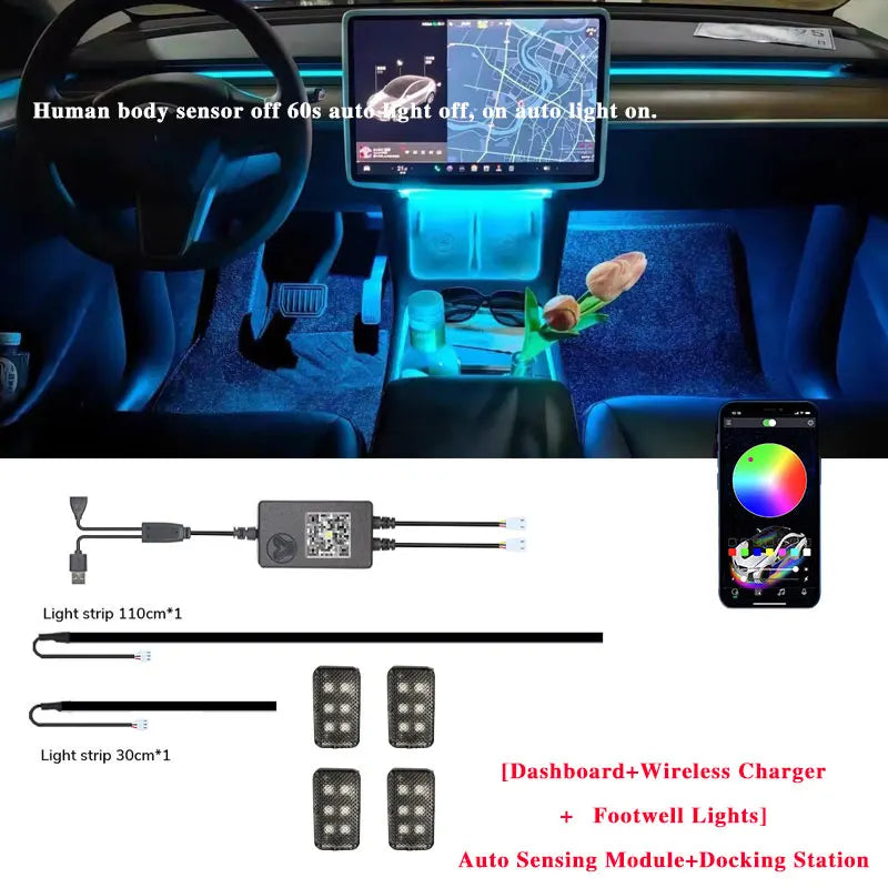 For Tesla Model 3/Y 2 IN 1 Dynamic Neon RGB Car LED Ambient Lighting 60s Automatic OFF Module Dashboard Lighting Decorative Lamp