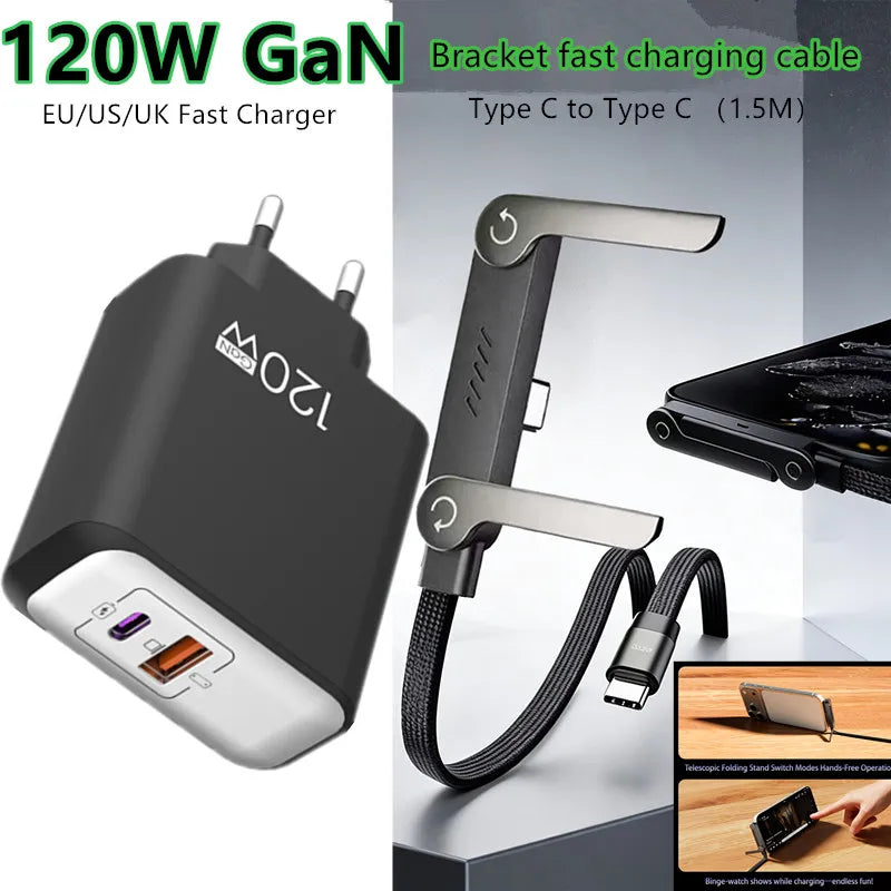 120W PD Fast Charger Type C Quick Charge USB C Wall Charger Adapter For iPhone 17 16 15 Samsung Xiaomi OPPO 2-in-1 Data Cable