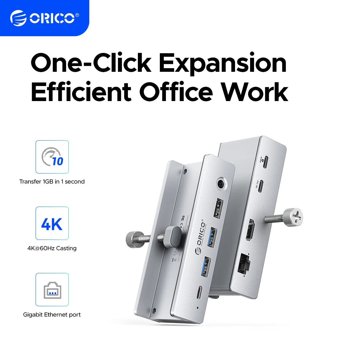 ORICO Aluminum 8 in 1 USB Clip Hub Support External Power Supply for High Speed 10GBPS Data Transmission on MAC OS PC
