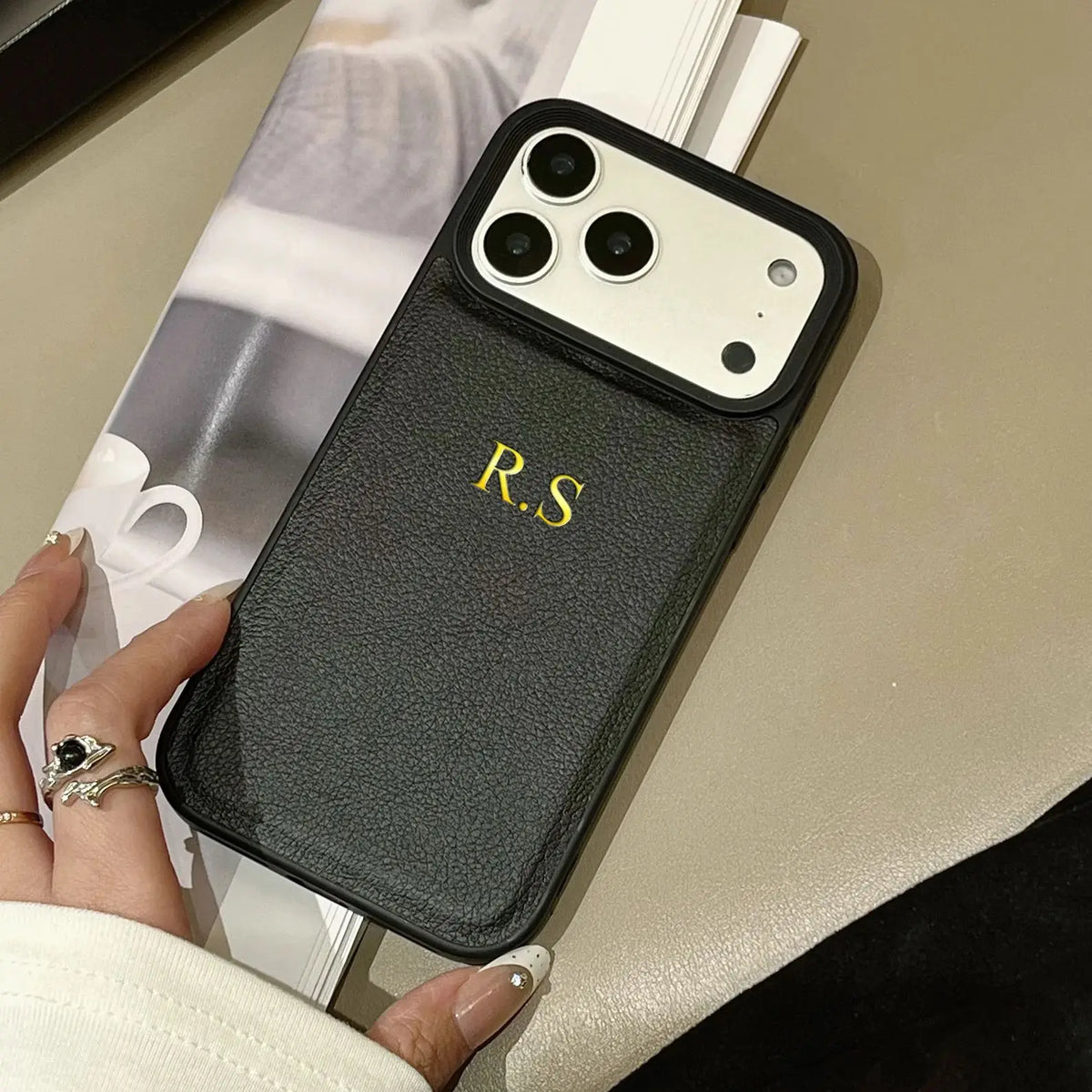 Personalized Luxury Faux Leather Custom Name Case for iPhone13 14 15 16 17 18Pro Max Plus Air Hot Gold Foil Embossed DIY Letters