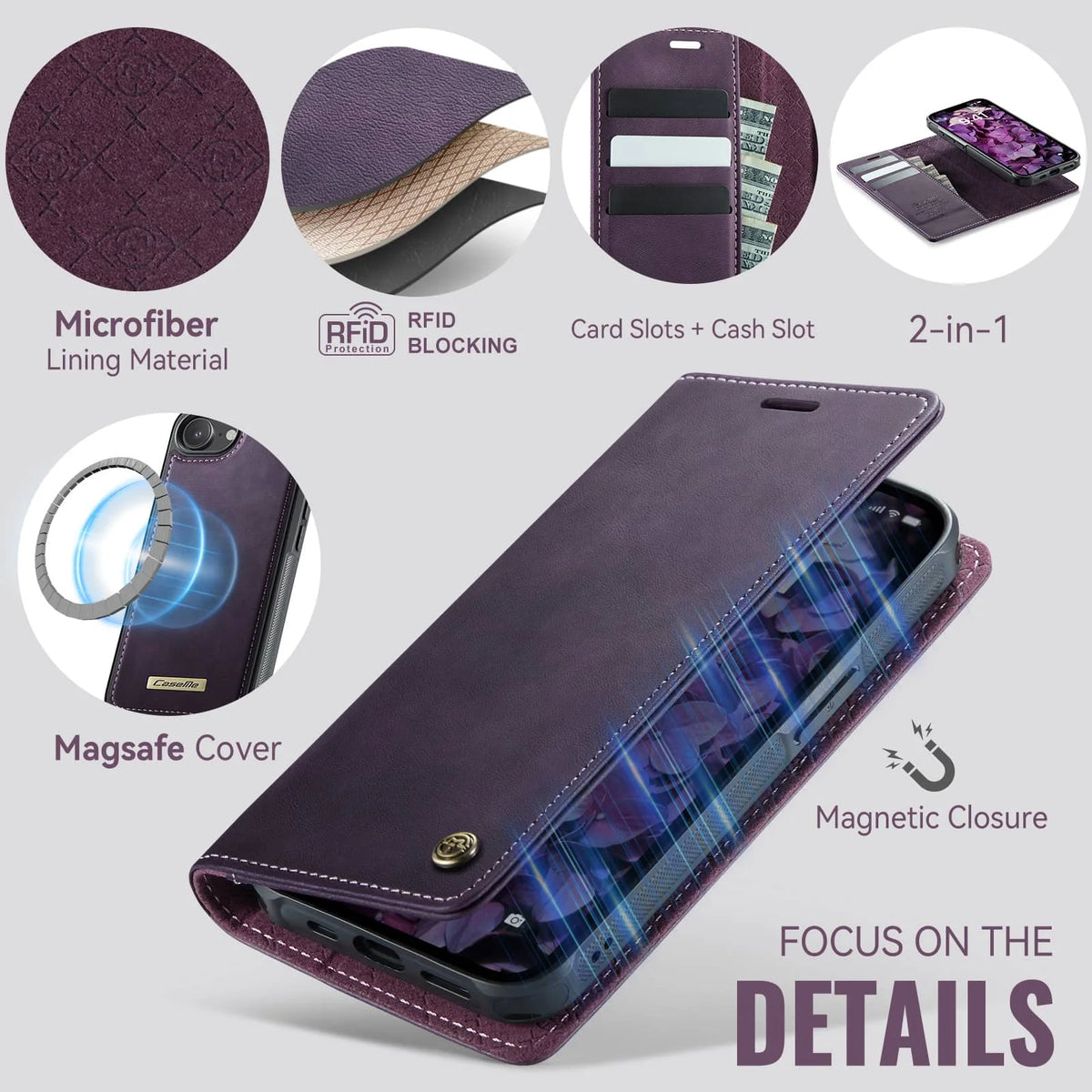 For iPhone 17e 2-in-1 Magnetic Detachable Wallet Case MagSafe Compatible RFID Blocking PU Leather Card Holder Kickstand Case