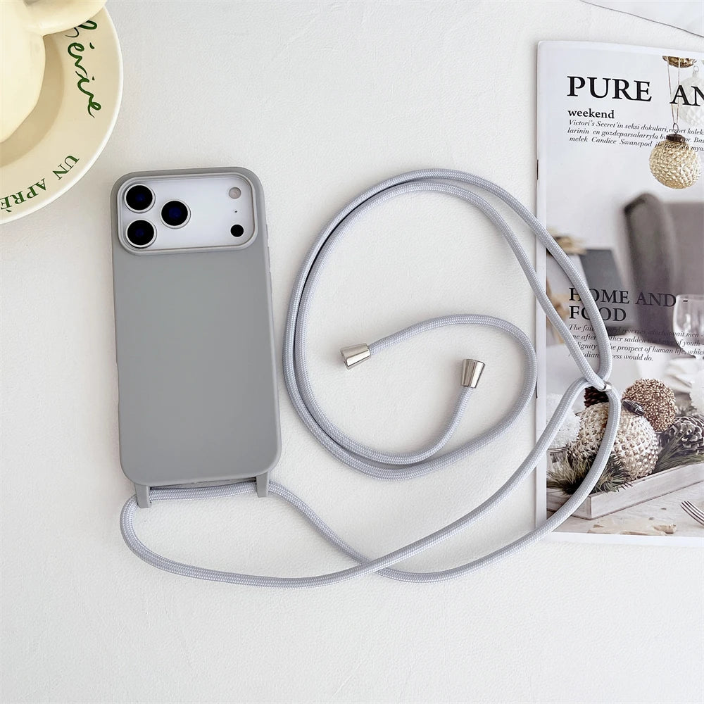 Crossbody Lanyard Cord Liquid Silicone Soft Phone Case for Apple IPhone 17 Air 16 15 14 Plus 13 Pro Max Matte Strap Candy Cover