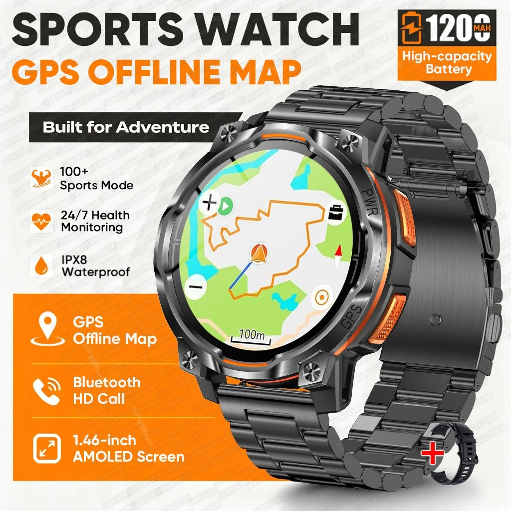 1200mAh Massive Power Outdoor GPS Smart Watch Offline Map 1.43“ HD Screen IPX8 Waterproof Compass Military 107+Sports Watch Men