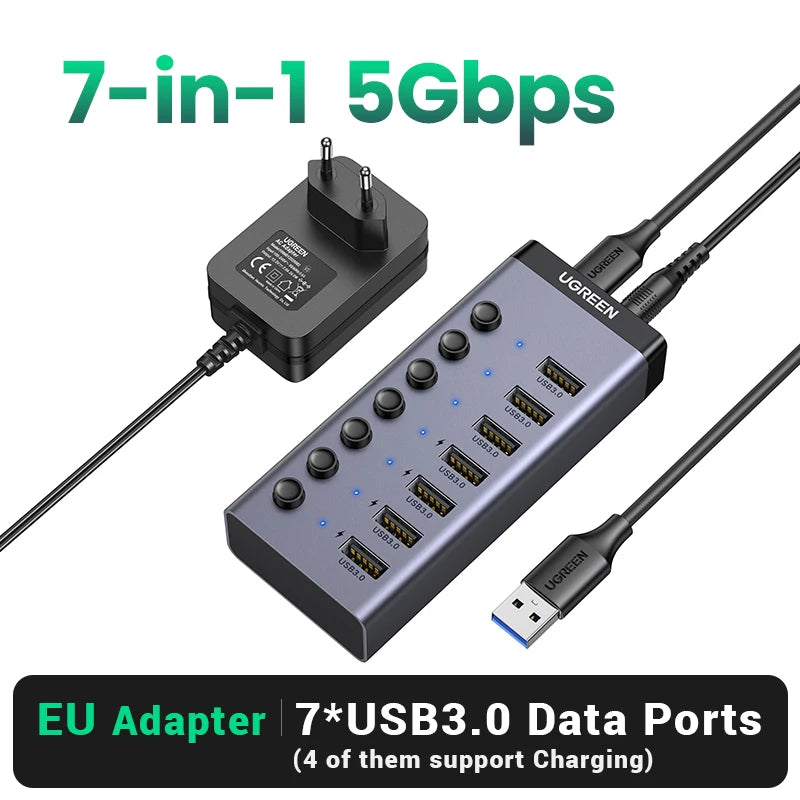 UGREEN USB C Hub 7-Port USB3.0 Splitter with Individual OFF/ON Switch LED Indicator for Desktop PC Laptop USB Ports Extender