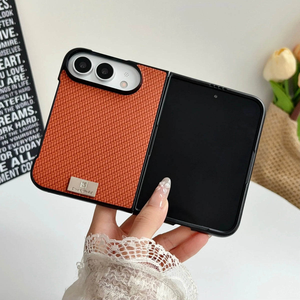 For iPhone Duo Fold Phone Case Crossbody Lanyard Solid Color Woven Case Shockproof Anti Scratch for iPhone Duo Protective Cover